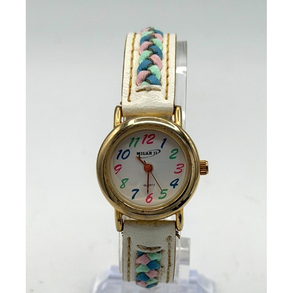 Milan II Kids Girls Working Watch Colorful Numbers White Braided Leather Strap